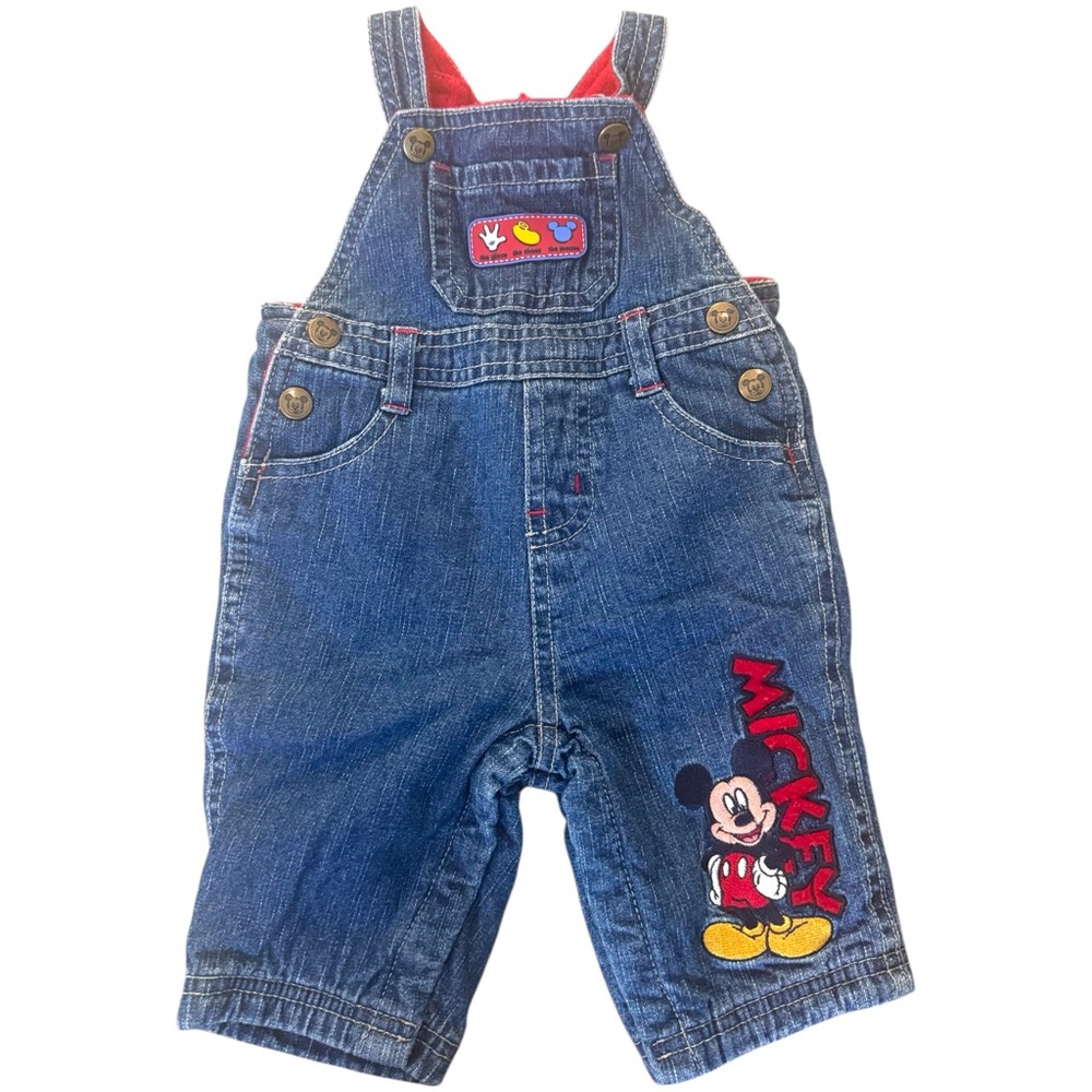 Disney Mickey Mouse Baby Overalls 3-6 Months Embroidered Denim Red Fleece Lined